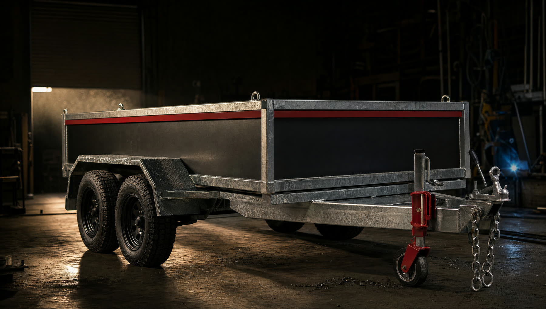 Heavy-duty tandem-axle trailer lit in a dark fabrication workshop