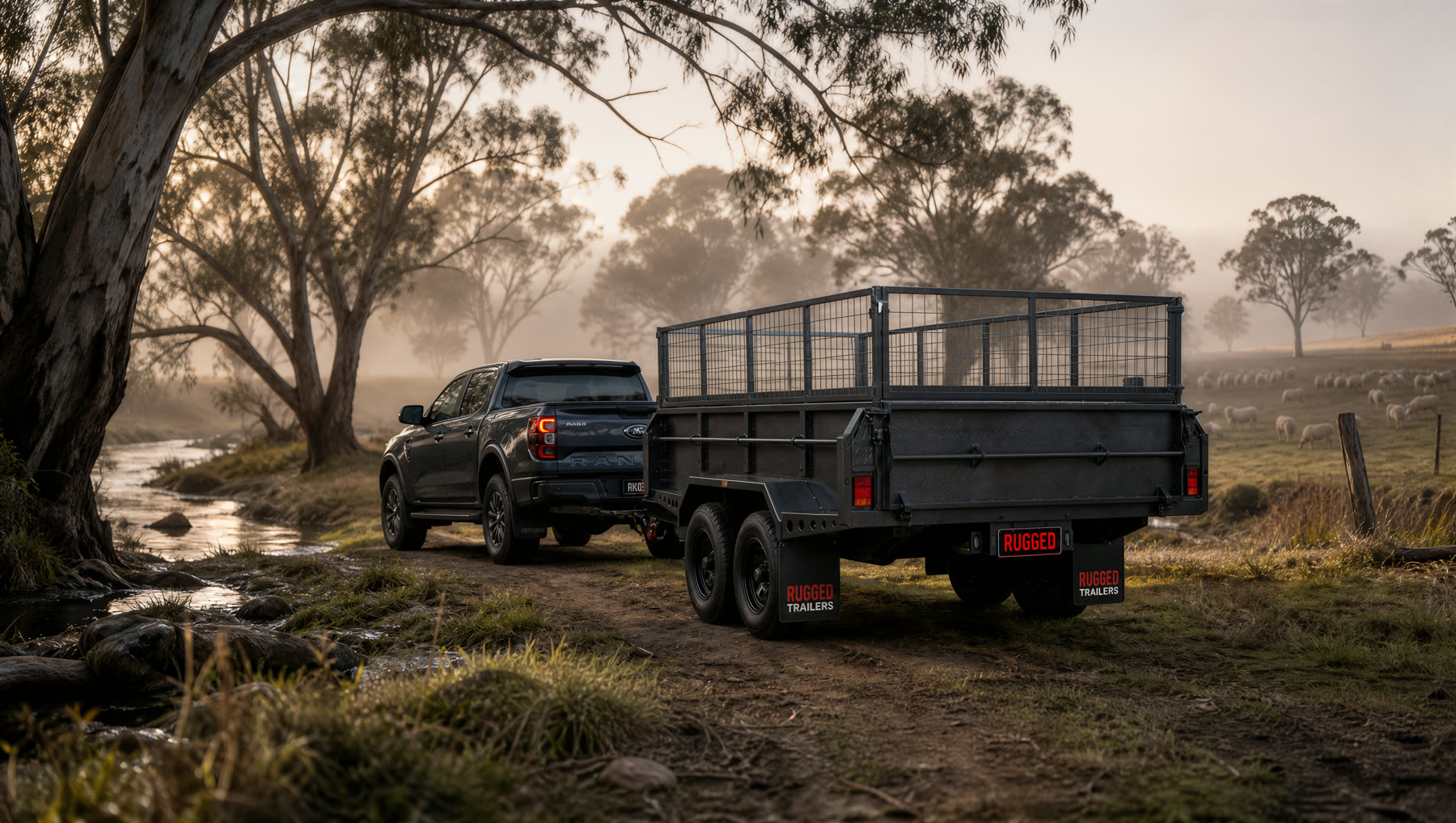 Dual-cab ute towing a caged tandem-axle Rugged Trailers trailer along a paddock track at misty dawn